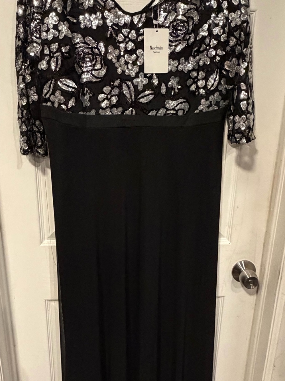 Nextmix Black Evening Dress with Silver Sequin Floral Bodice